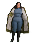 Evolution Women's Warm Waterproof Long Horse Riding Coat Thick Fleece Lining Cosy Fleece Lined Hood in Dark Olive/Grey coat open showing lining