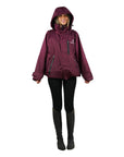 EQUIDRY women's waterproof short blouson style horse riding jacket in plum/plum front hood up studio