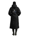 EQUIDRY women's long waterproof horse riding coat in black/lilac back of coat full length