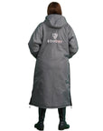 EQUIDRY women's long waterproof horse riding coat in Charcoal/Pale Pink studio back of coat