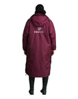 EQUIDRY Evolution Pro women's Warm Waterproof Horse Riding Coat Thick Fleece Lining Stowaway Hood in Plum back of coat hood down