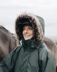 EQUIDRY | Parka | Women's | Black Forest Green - waterproof riding and leisure coat with padded inner detachable faux fur trim rider with hood over hat