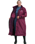 EQUIDRY Evolution Pro women's Warm Waterproof Horse Riding Coat Thick Fleece Lining Stowaway Hood in Plum inner lining