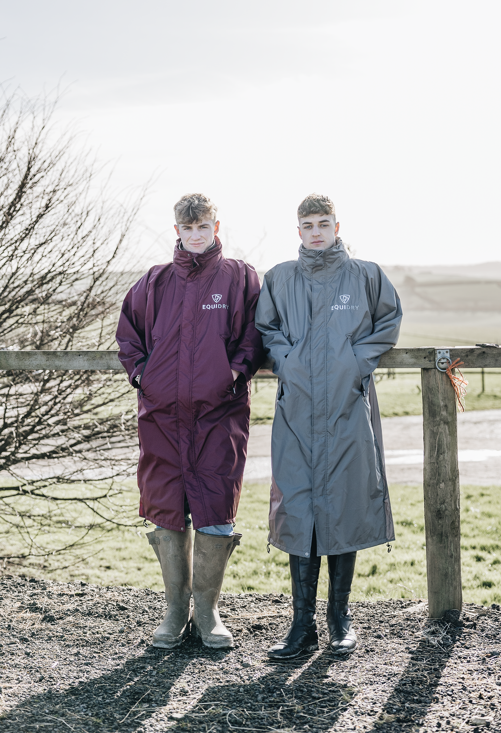 EQUIDRY men's mesh lining long waterproof horse riding coat in plum/charcoal