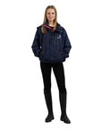 Shortie Child's Oversized Short Waterproof blouson style Riding Jacket Thin Fleece Lining Stowaway Hood in navy/raspberry front view studio