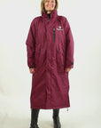 EQUIDRY Evolution Pro women's Warm Waterproof Horse Riding Coat Thick Fleece Lining Stowaway Hood in plum catwalk video