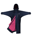 EQUIDRY women's thin fleece stowaway hood long waterproof horse riding coat in navy/raspberry