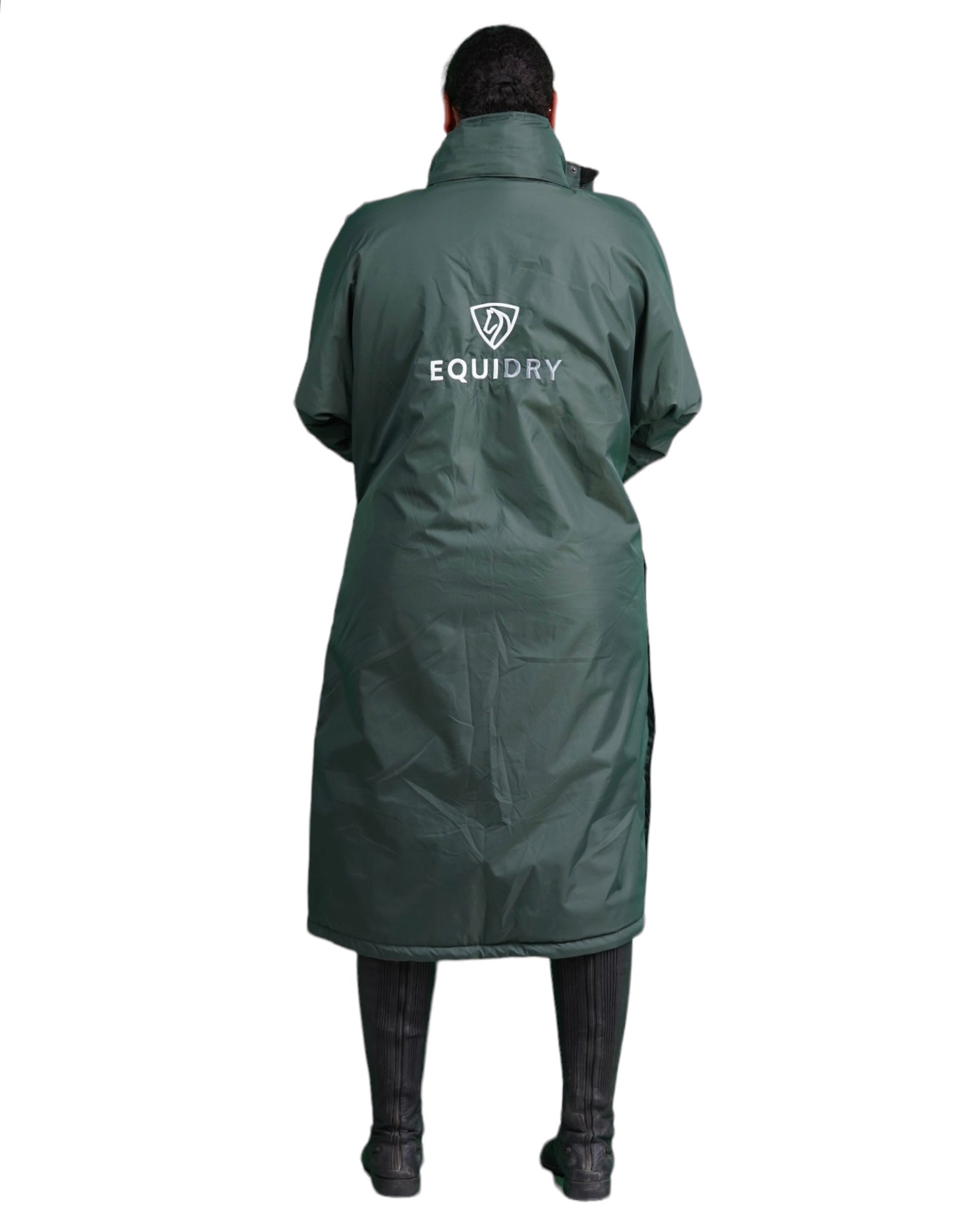 EQUIDRY Evolution Pro women's Warm Waterproof Horse Riding Coat Thick Fleece Lining Stowaway Hood in black forest green back of coat 