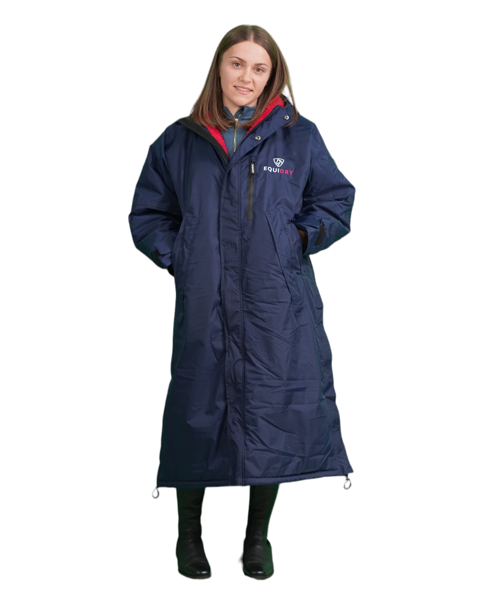 EQUIDRY women's long waterproof horse riding coat in Navy/Raspberry studio front full length 