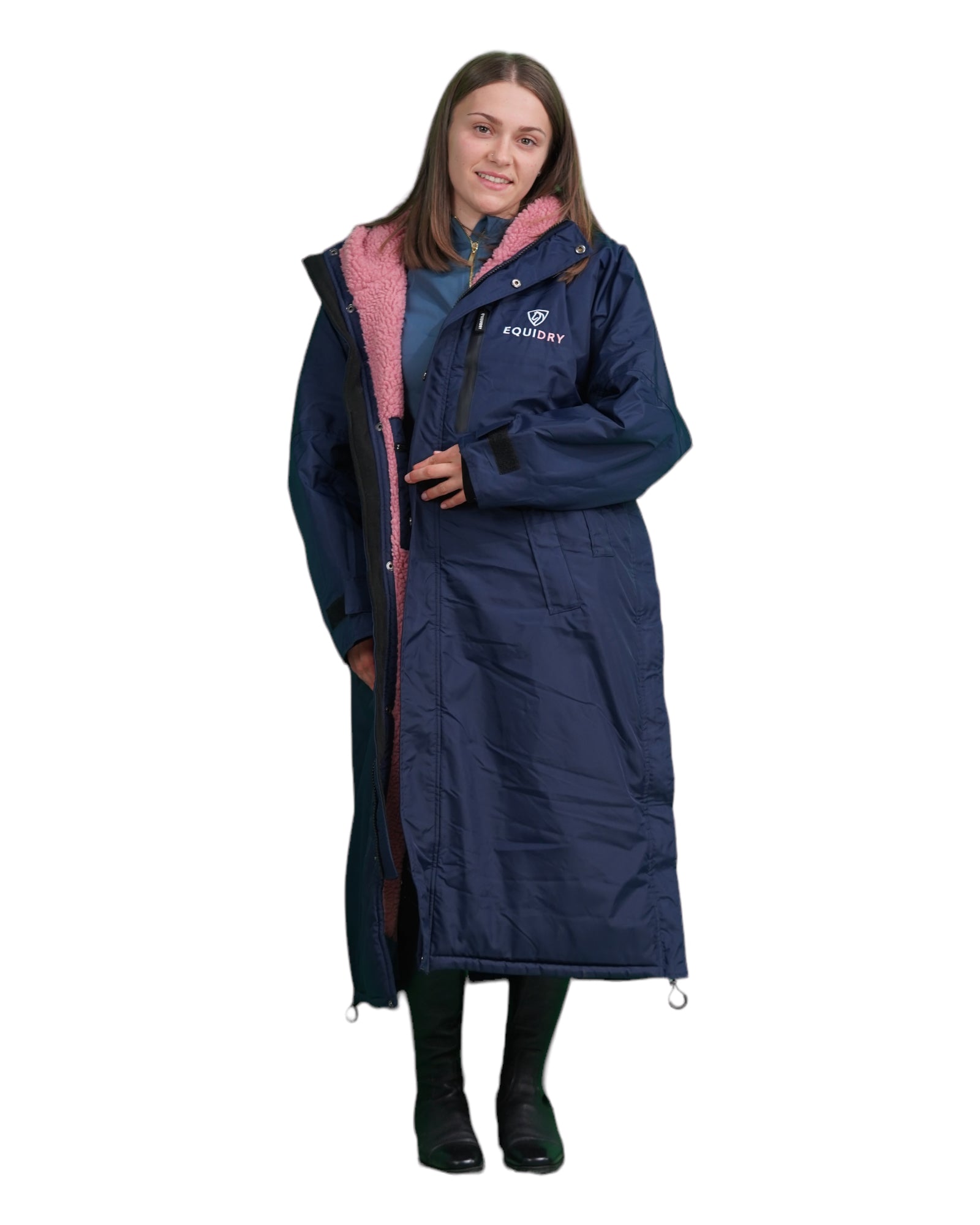 EQUIDRY women's long waterproof horse riding coat in Navy/Pale Pink studio front full length