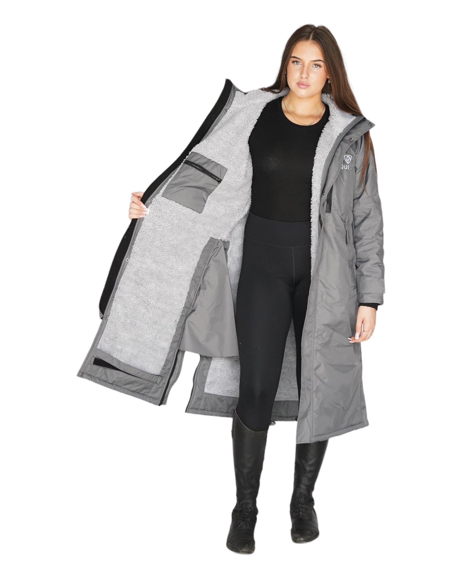 EQUIDRY women's long waterproof horse riding coat in charcoal/grey studio open showing inner lining 
