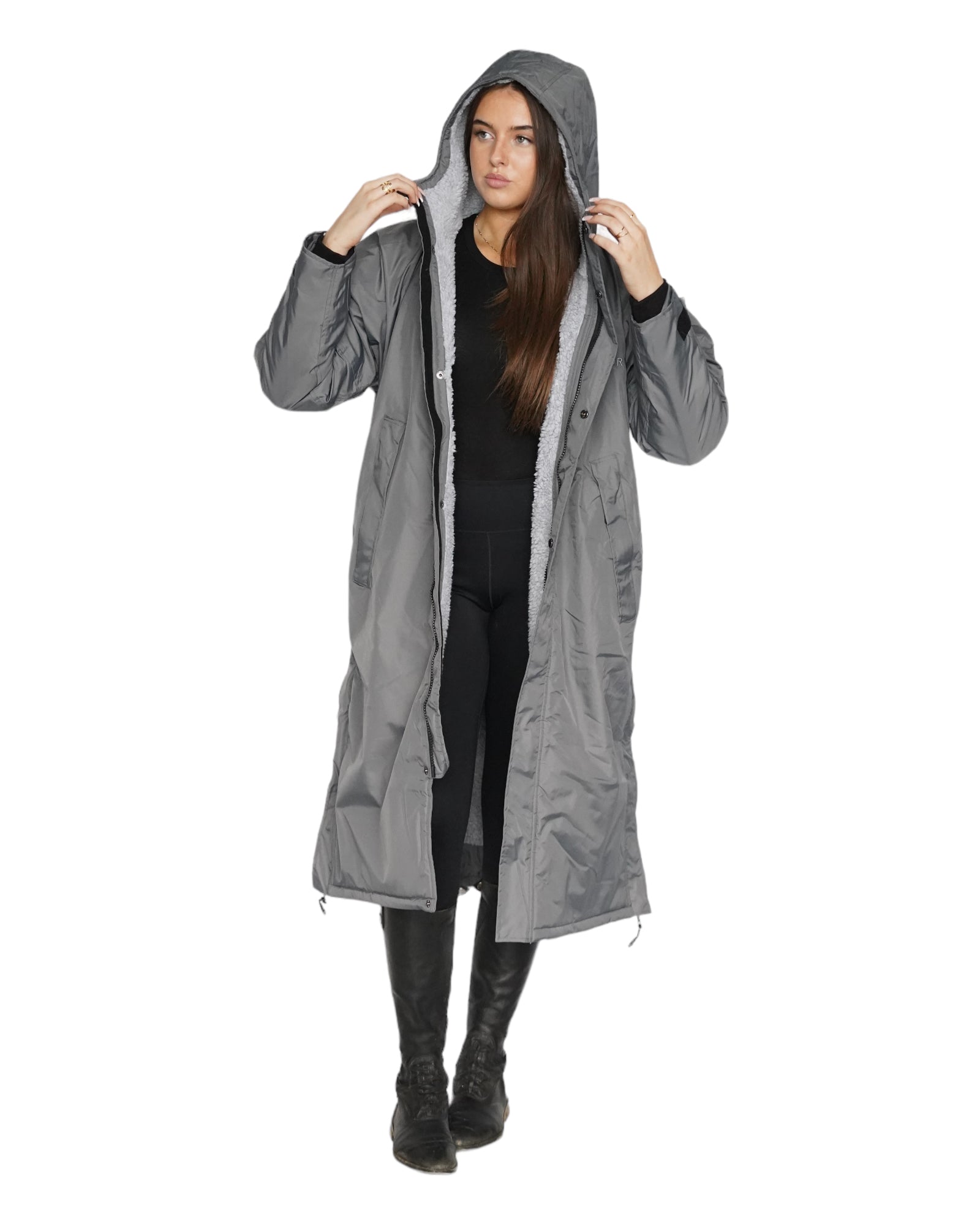EQUIDRY women's long waterproof horse riding coat in charcoal/grey studio front hood up