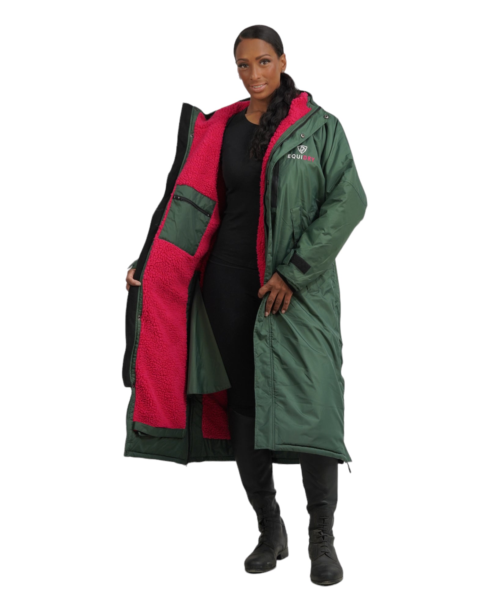 EQUIDRY women's long waterproof horse riding coat in Black Forest Green/Peacock Pink front inner lining studio