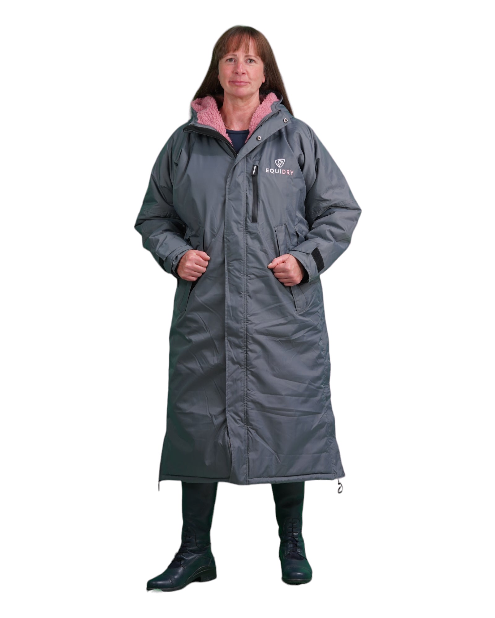 EQUIDRY women's long waterproof horse riding coat in Charcoal/Pale Pink studio front full length 