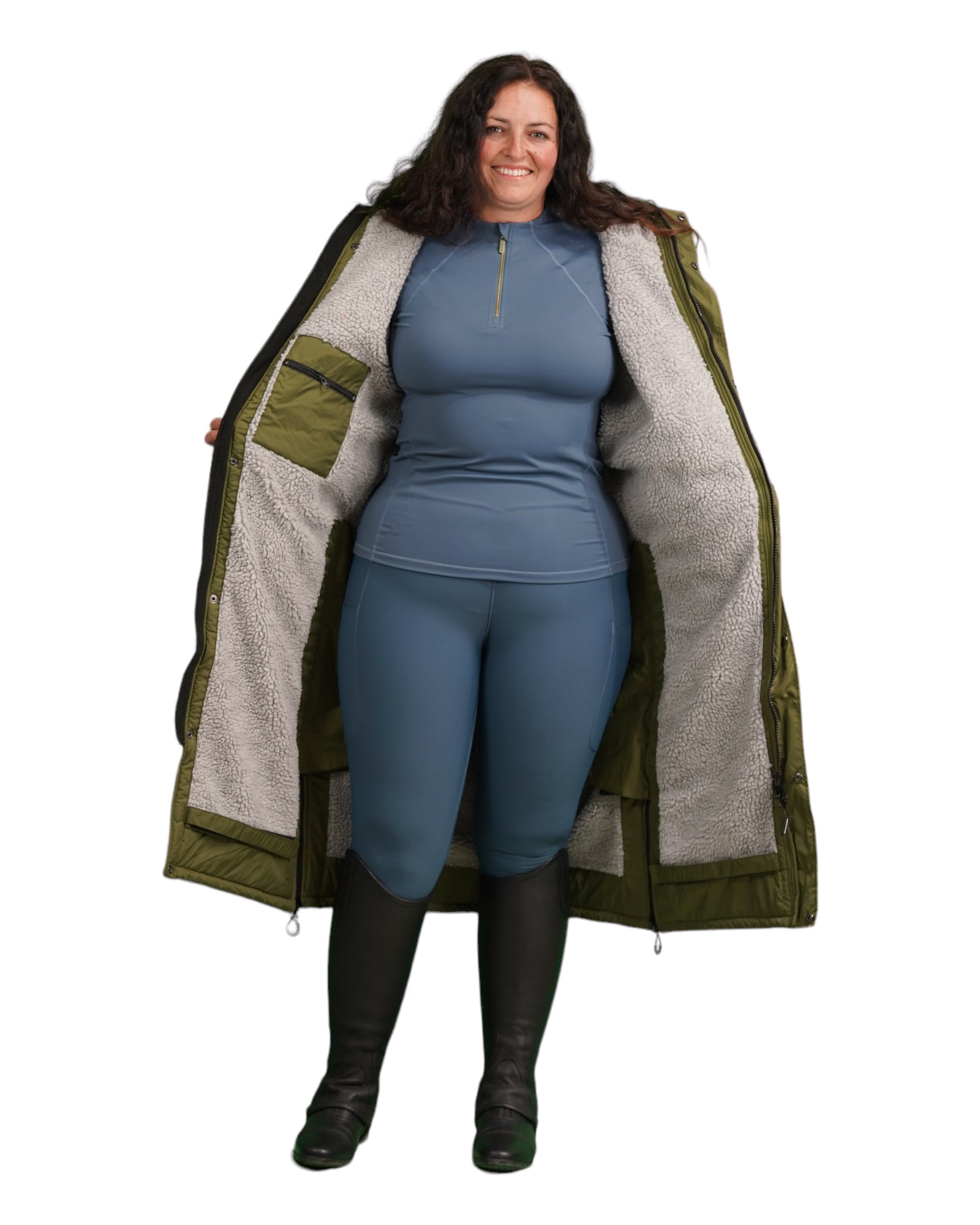 Evolution Women's Warm Waterproof Long Horse Riding Coat Thick Fleece Lining Cosy Fleece Lined Hood in Dark Olive/Grey coat open showing lining 