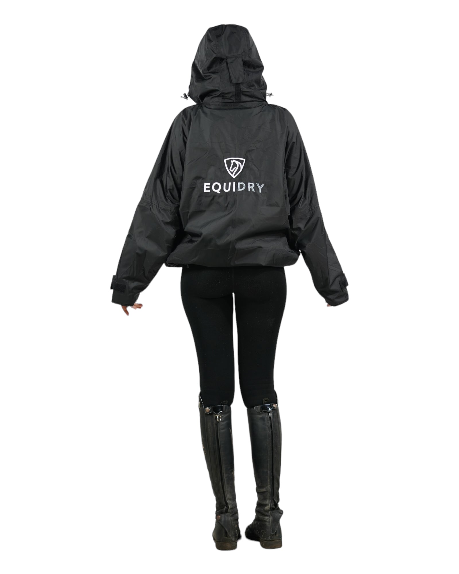 EQUIDRY women's waterproof short blouson style horse riding jacket in black/black behind hood up 