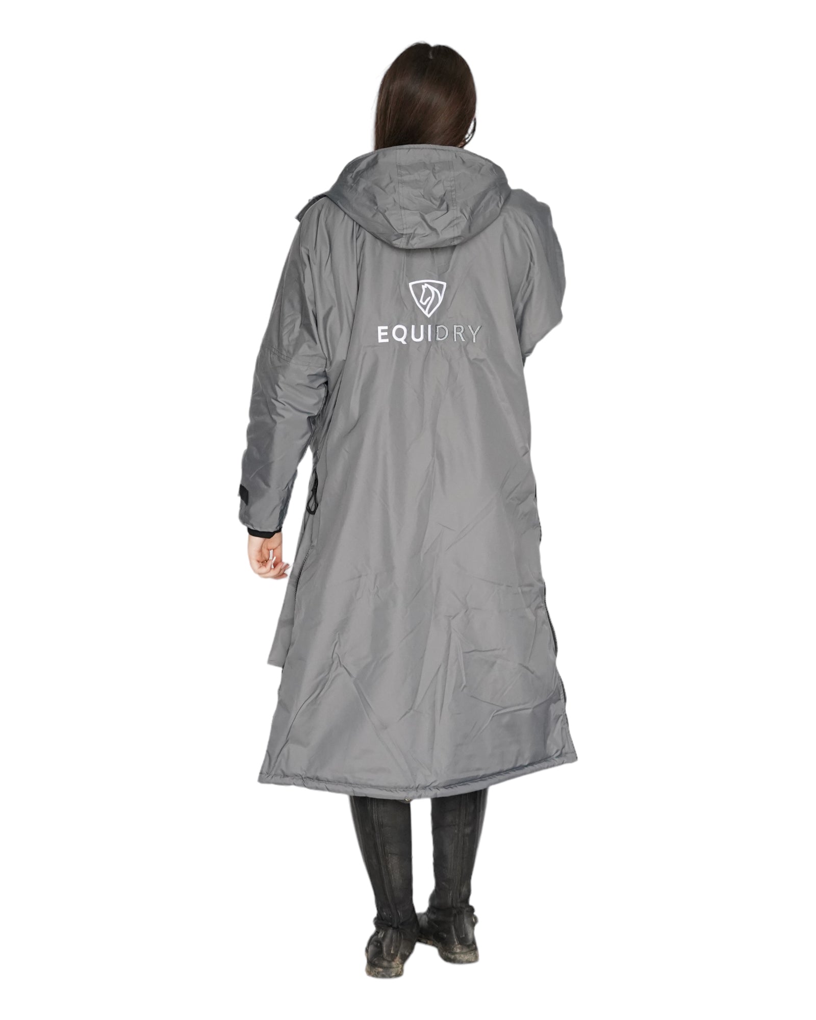 EQUIDRY women's long waterproof horse riding coat in charcoal/grey studio back of coat 