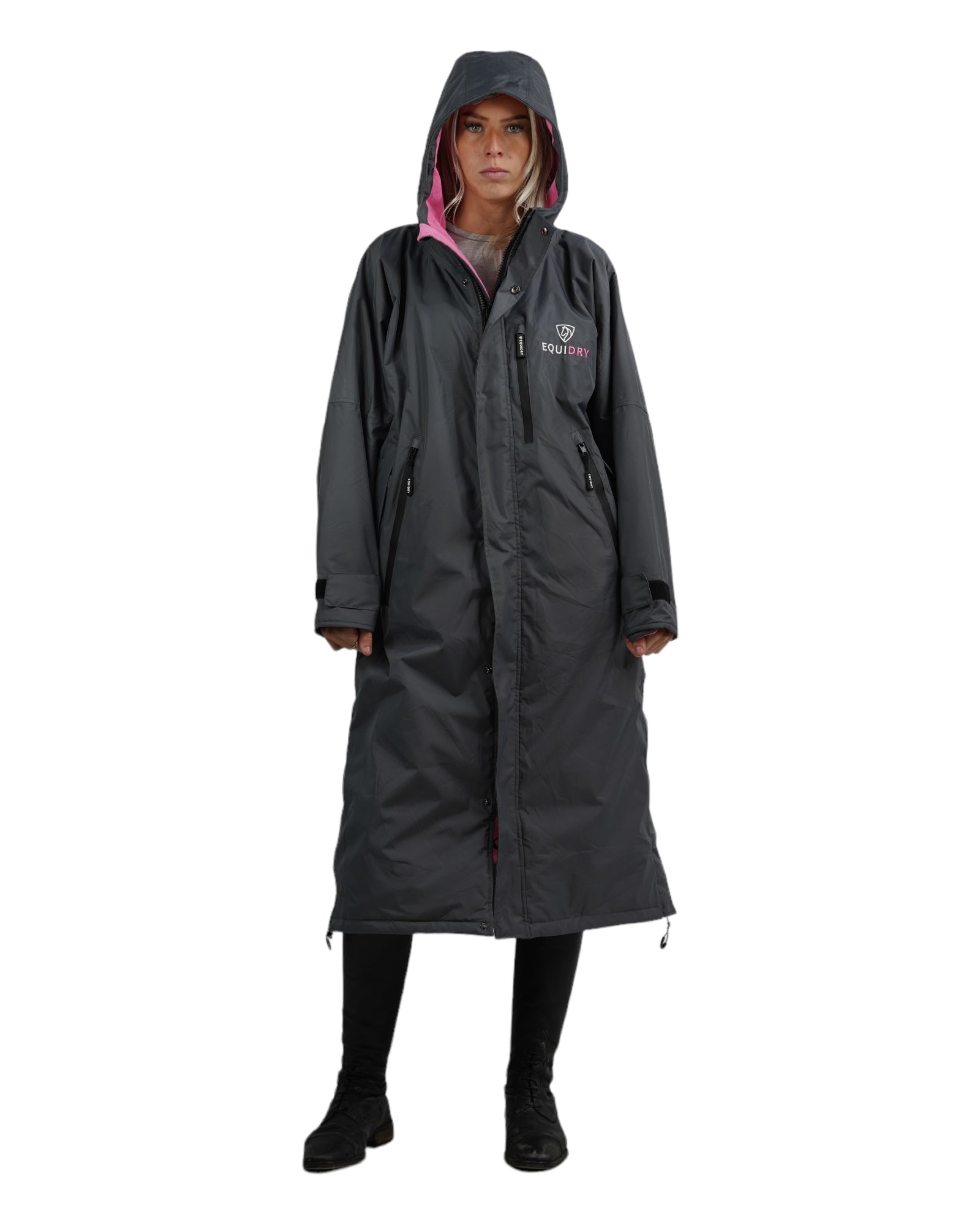 EQUIDRY women's thin fleece long waterproof horse riding coat in charcoal/penelope pink studio front hood up