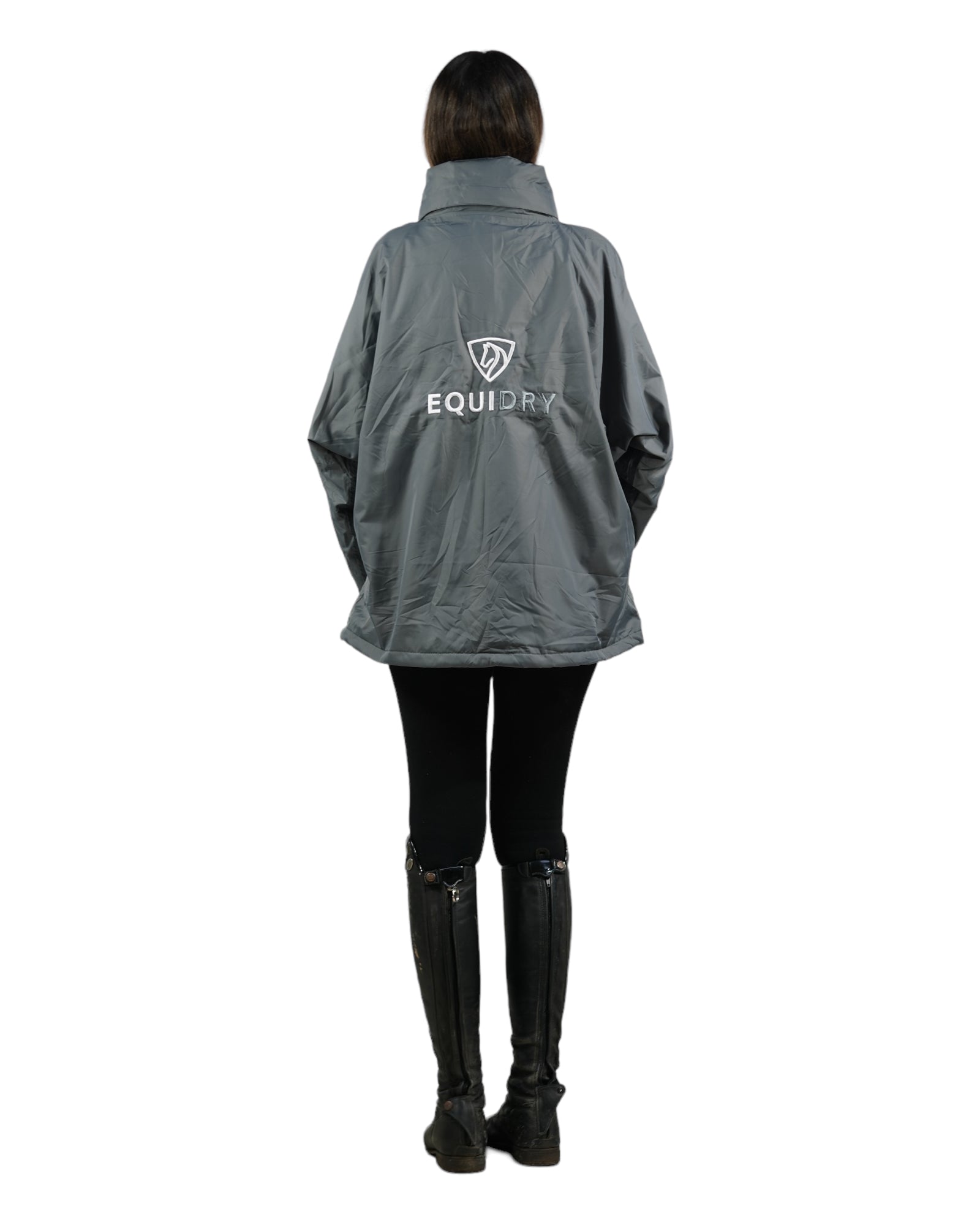 EQUIDRY women's waterproof short blouson style horse riding jacket in charcoal/grey relaxed fit from behind