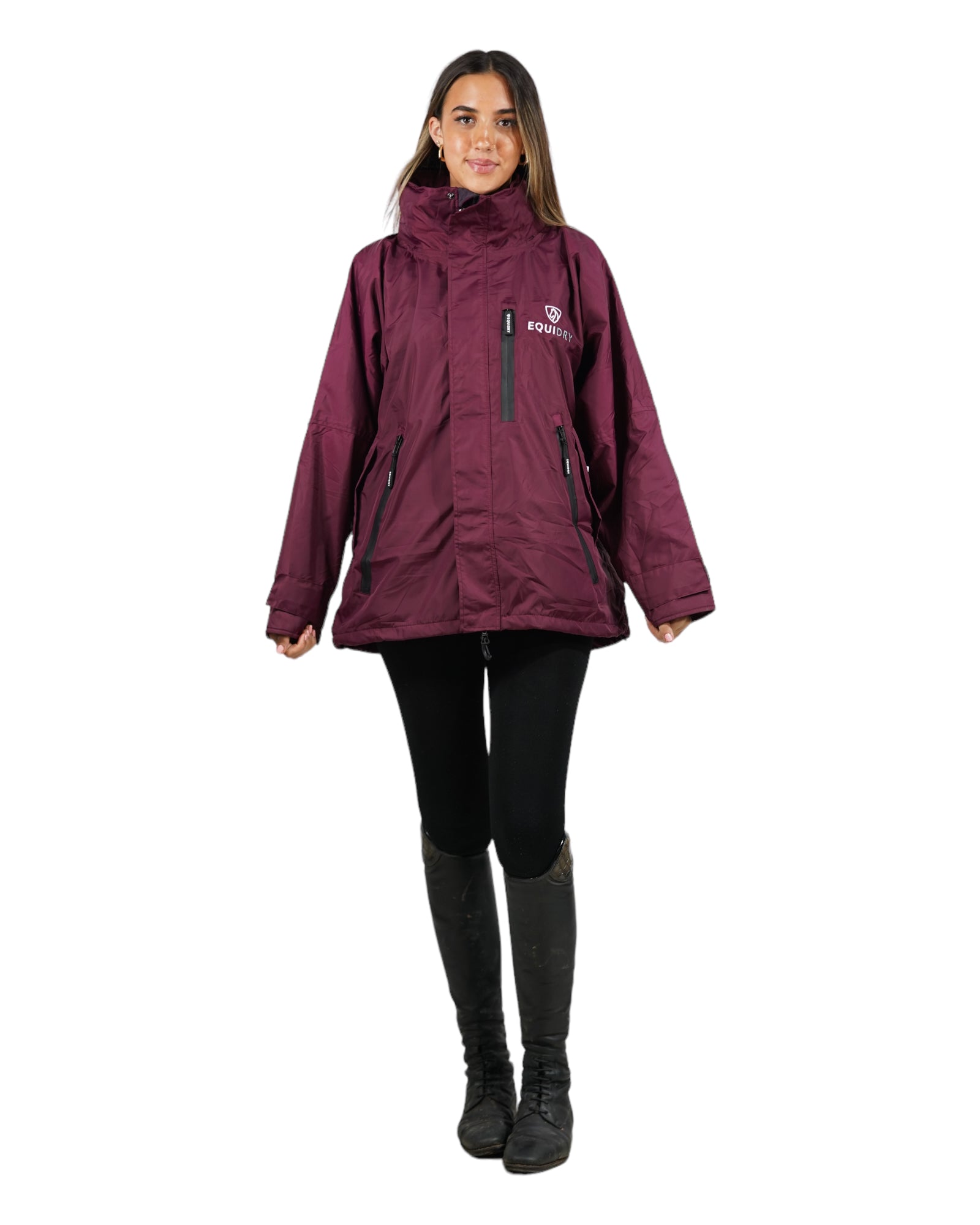 EQUIDRY women's waterproof short blouson style horse riding jacket in plum/plum front view