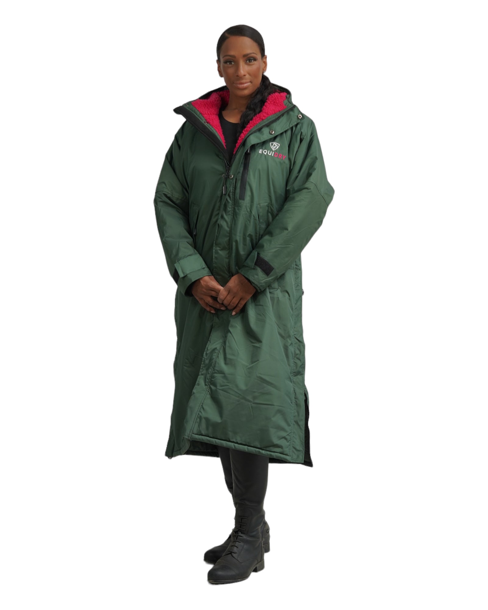 EQUIDRY women's long waterproof horse riding coat in Black Forest Green/Peacock Pink front coat closed studio
