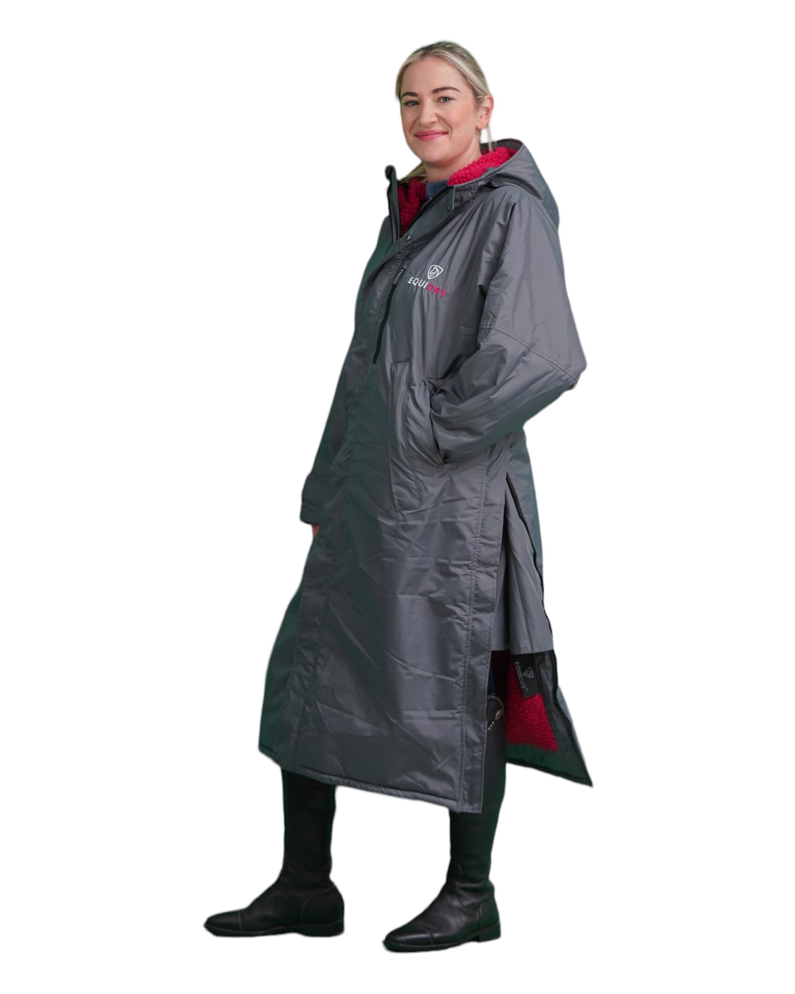 EQUIDRY women's long waterproof horse riding coat in Charcoal/Peacock Pink studio side showing side zips