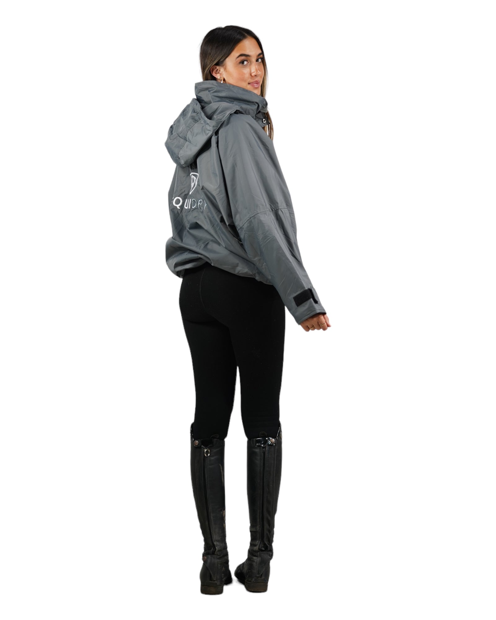 EQUIDRY women's waterproof short blouson style horse riding jacket in charcoal/grey studio back