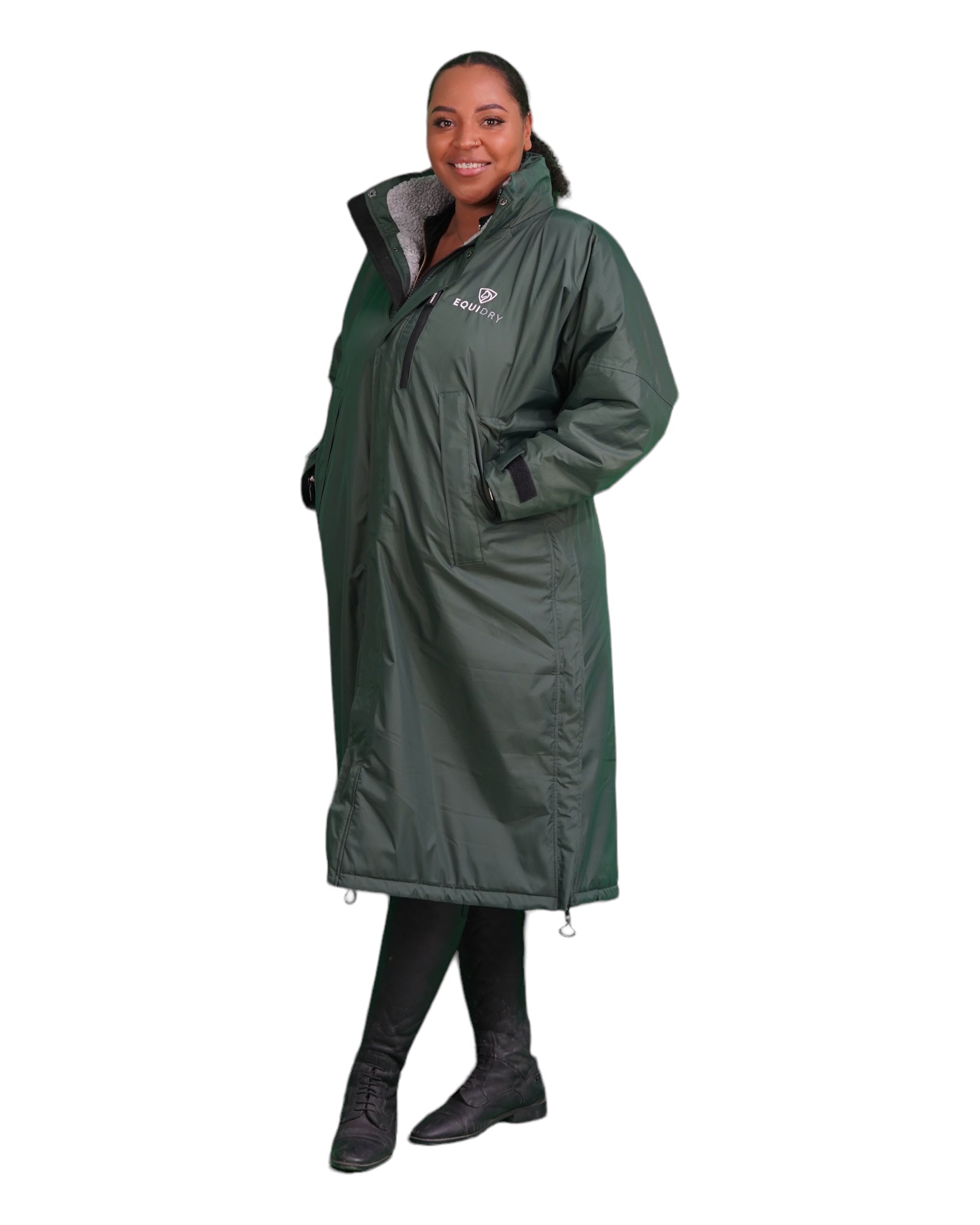 EQUIDRY Evolution Pro women's Warm Waterproof Horse Riding Coat Thick Fleece Lining Stowaway Hood in black forest green side view side zips 