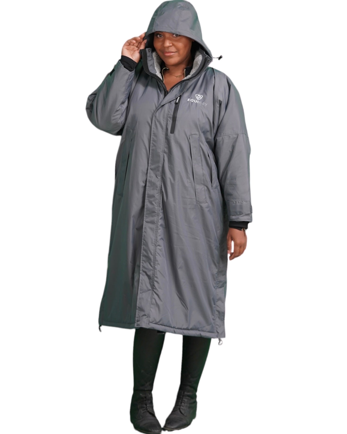 EQUIDRY Evolution Pro women's Warm Waterproof Horse Riding Coat Thick Fleece Lining Stowaway Hood in Charcoal/Grey front hood up