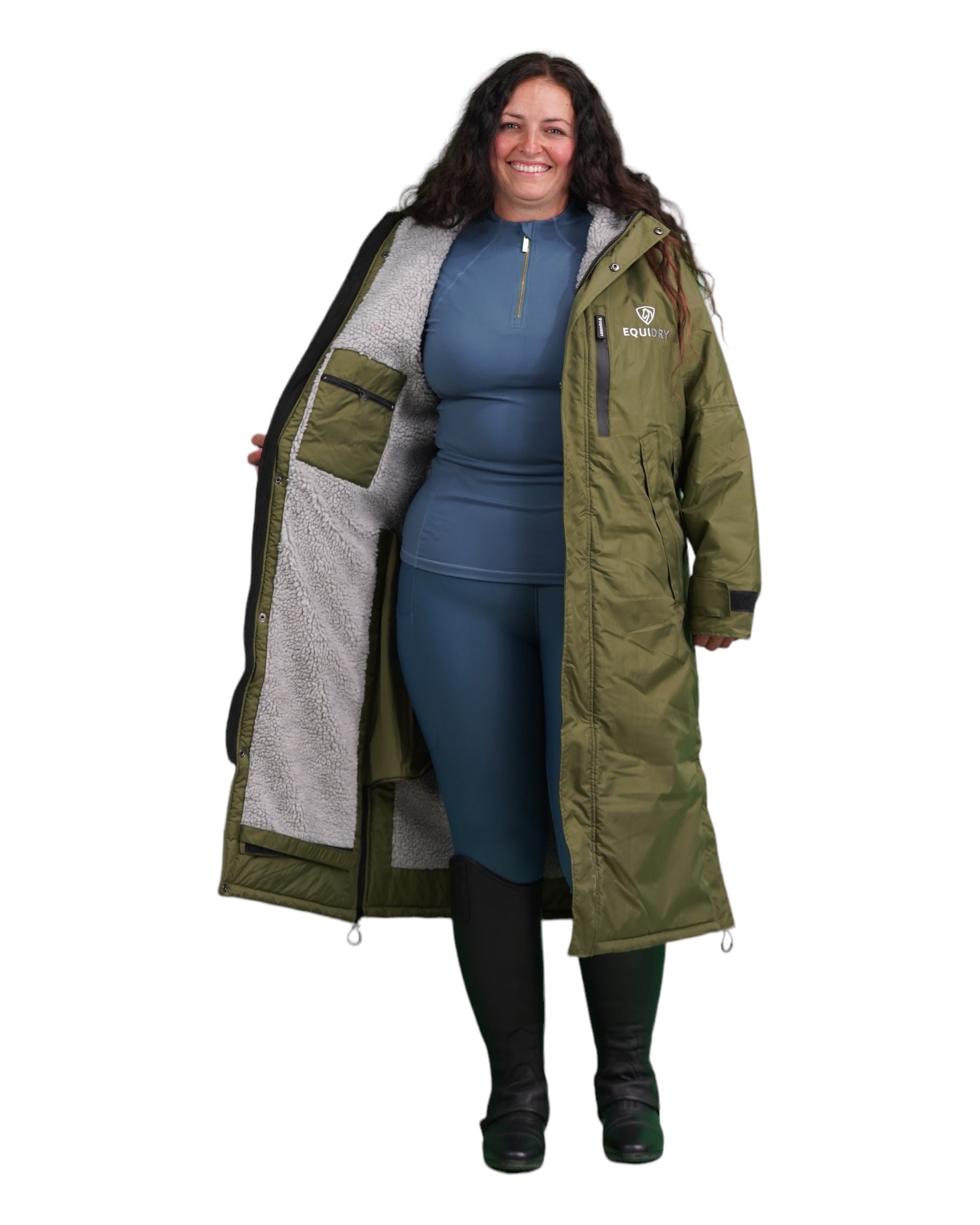 Evolution Women's Warm Waterproof Long Horse Riding Coat Thick Fleece Lining Cosy Fleece Lined Hood in Dark Olive/Grey showing inner