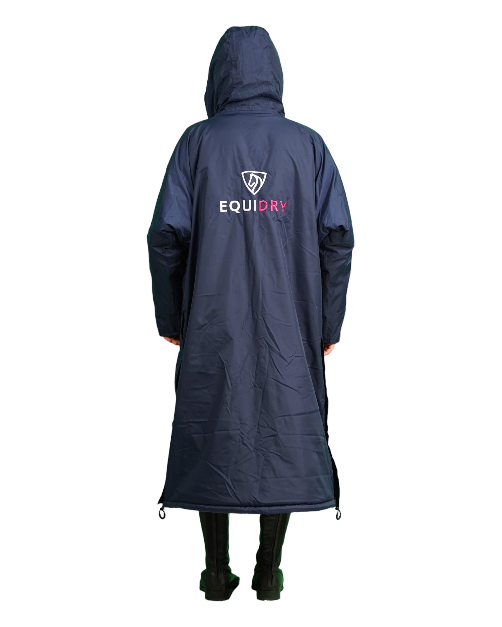EQUIDRY women&#39;s long waterproof horse riding coat in Navy/Raspberry studio back of coat full length 