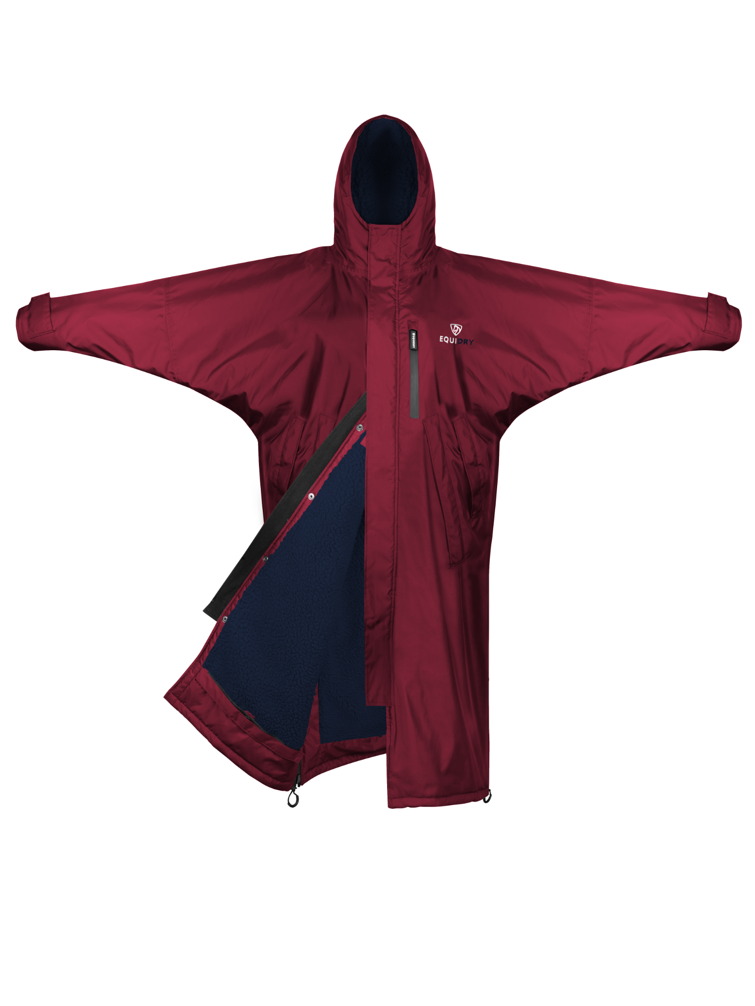 EQUIDRY women's long waterproof horse riding coat in plum/navy