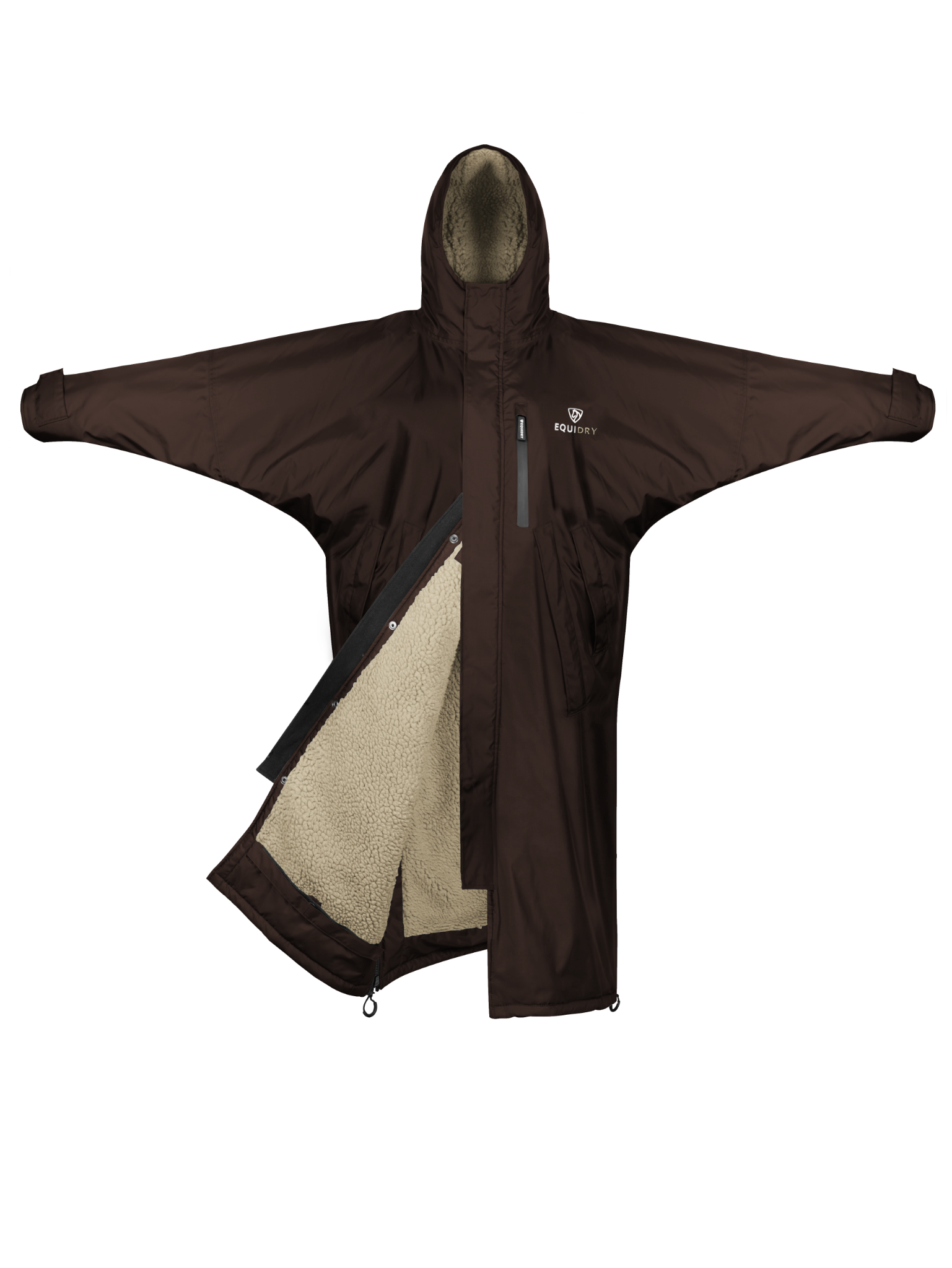 EQUIDRY women's long waterproof horse riding coat in rich brown/cream