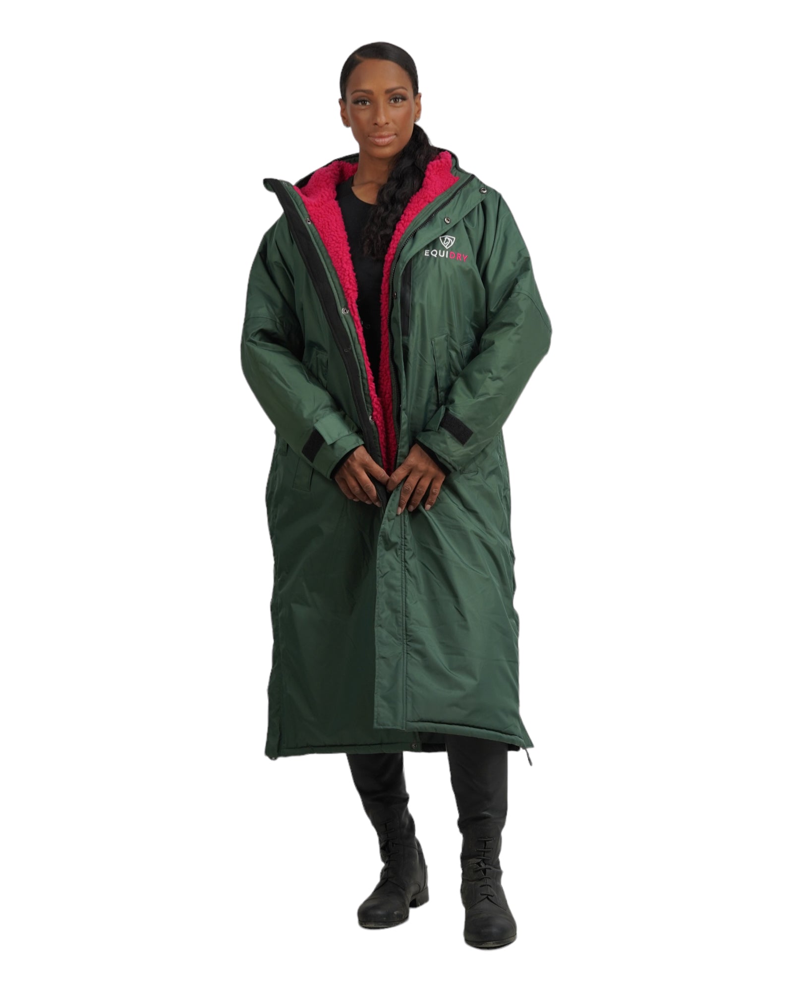 EQUIDRY women's long waterproof horse riding coat in Black Forest Green/Peacock Pink front inner lining studio