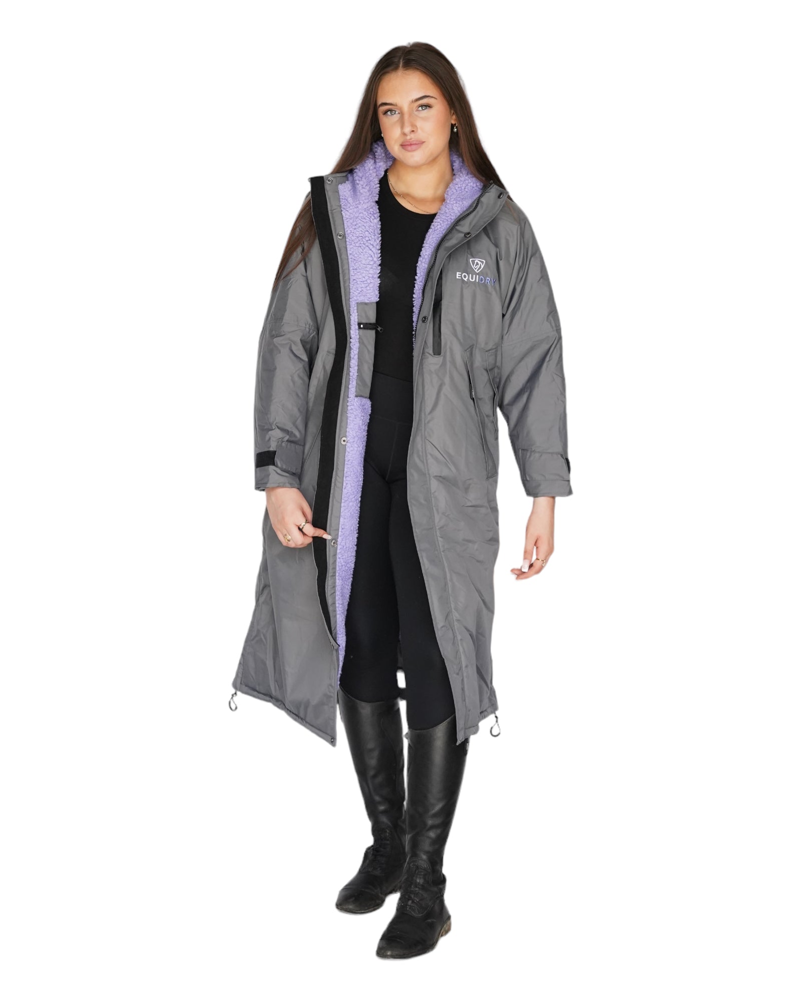 EQUIDRY women's long waterproof horse riding coat in Charcoal/Lilac studio open showing lining 