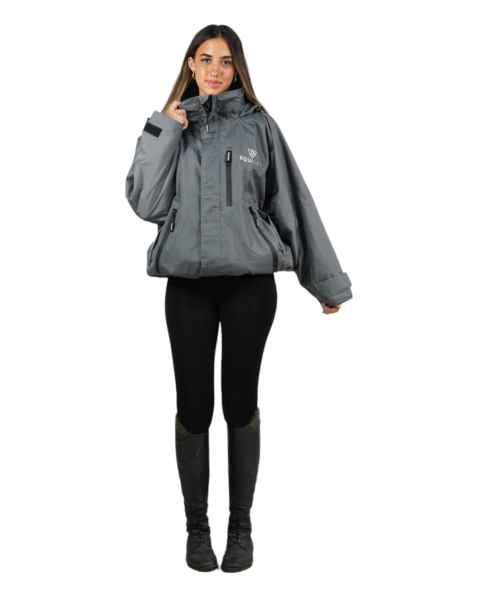 EQUIDRY women's waterproof short blouson style horse riding jacket in charcoal/grey front view hood down