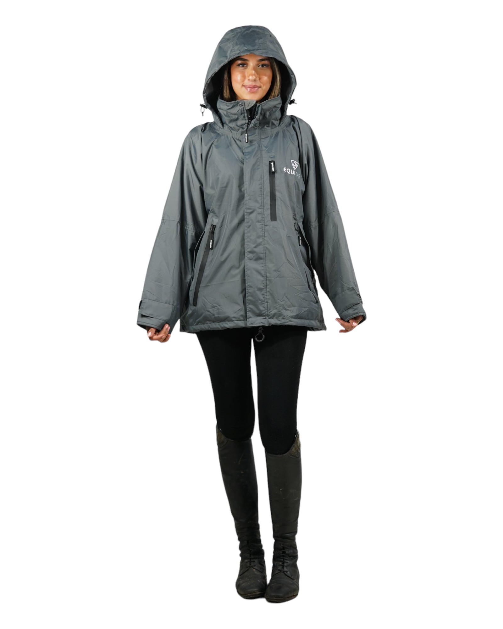 EQUIDRY women's waterproof short blouson style horse riding jacket in charcoal/grey front view hood up