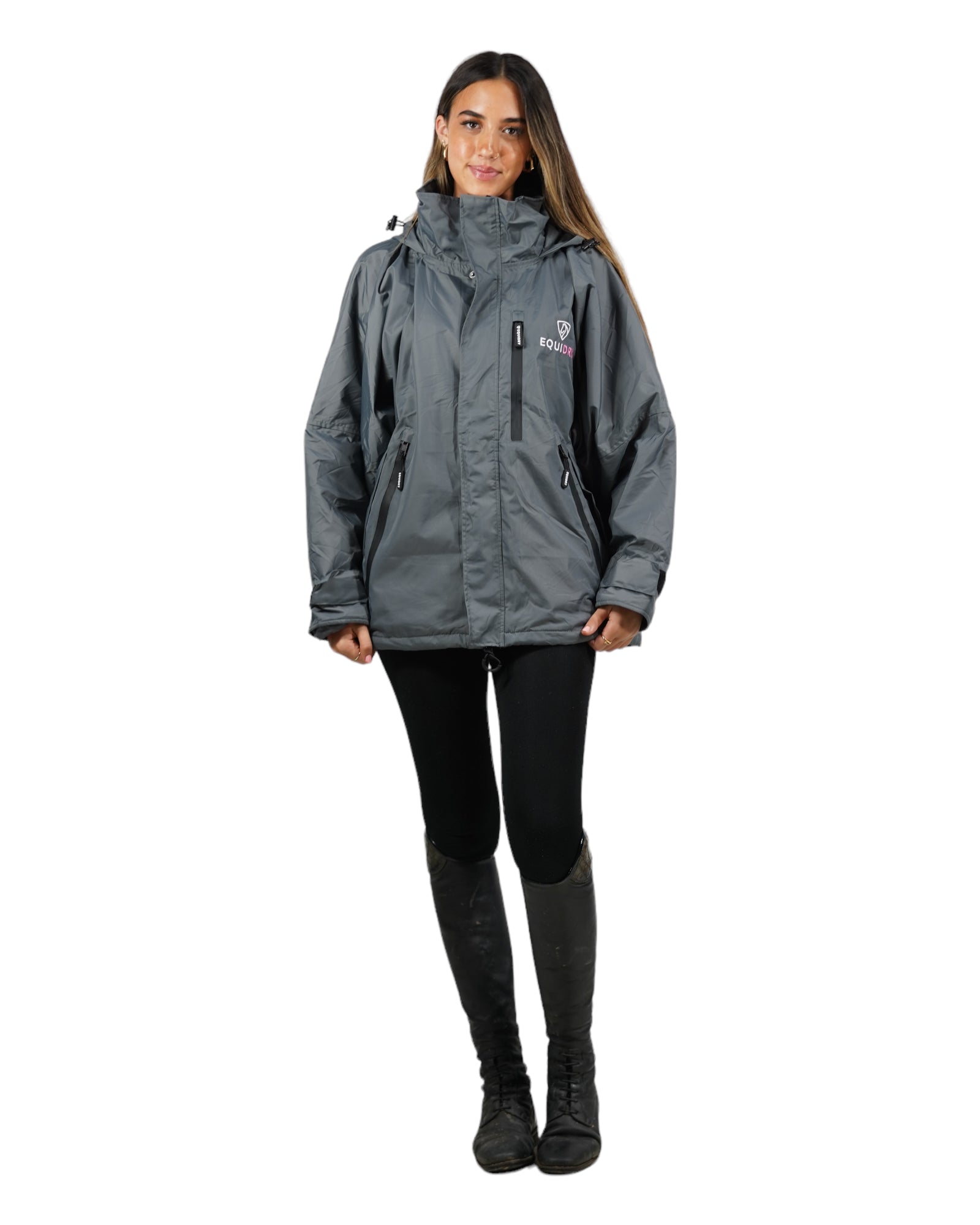 EQUIDRY women's waterproof short blouson style horse riding jacket in charcoal/penelope pink studio front view