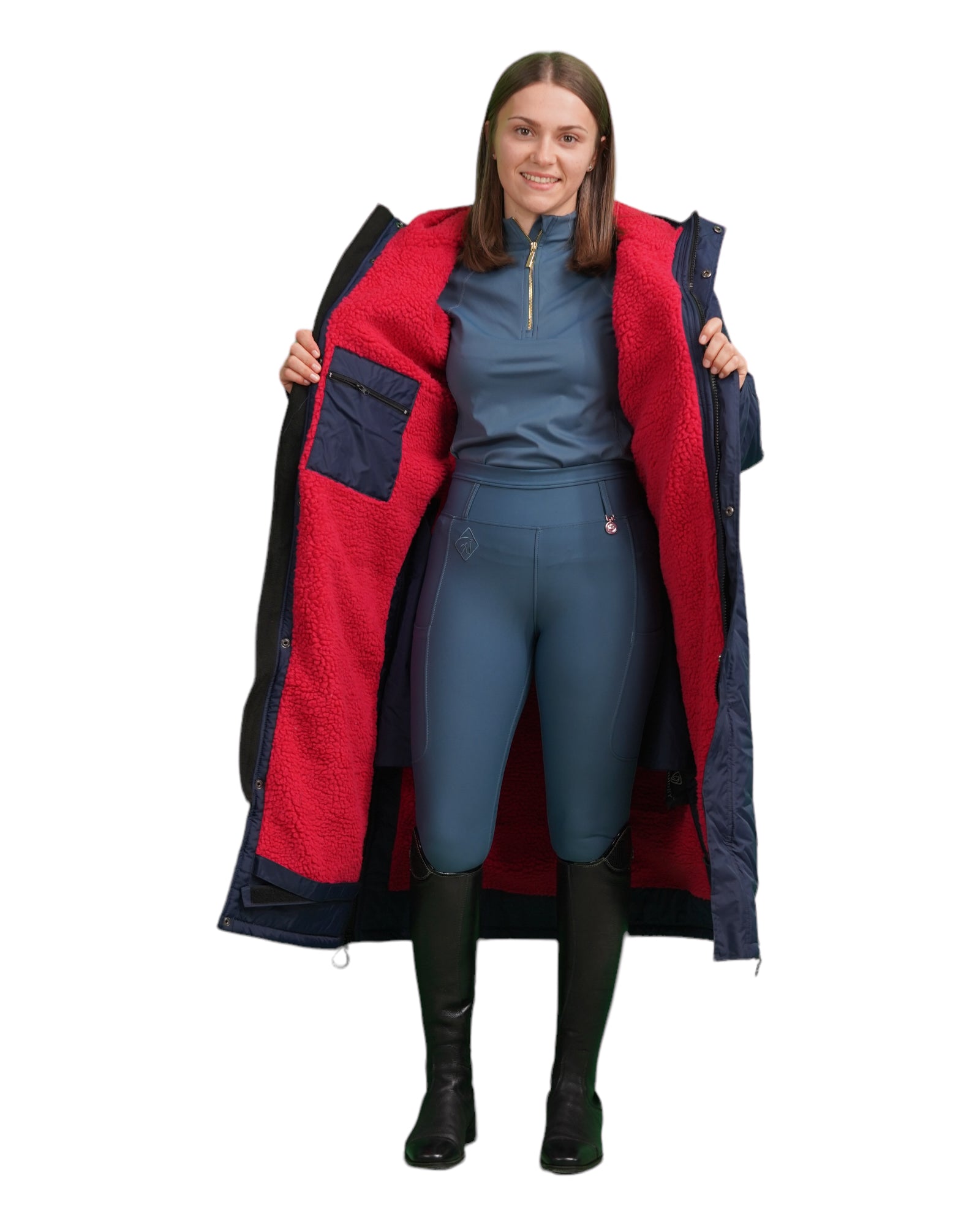 EQUIDRY women's long waterproof horse riding coat in Navy/Raspberry studio front coat open inner lining 