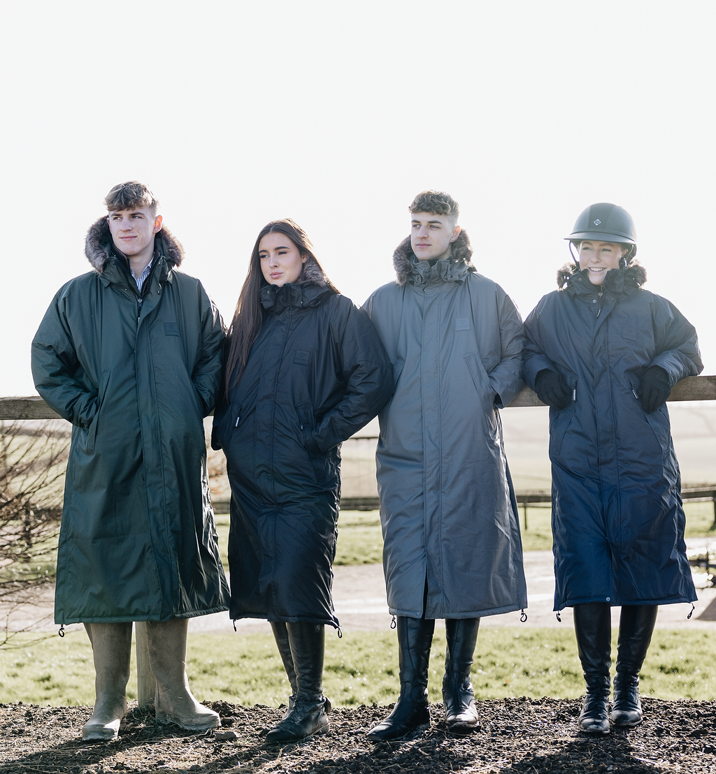EQUIDRY |  Parka | Women's | Black -  waterproof riding and leisure coat with padded inner detachable faux fur trim group photo male and female riders