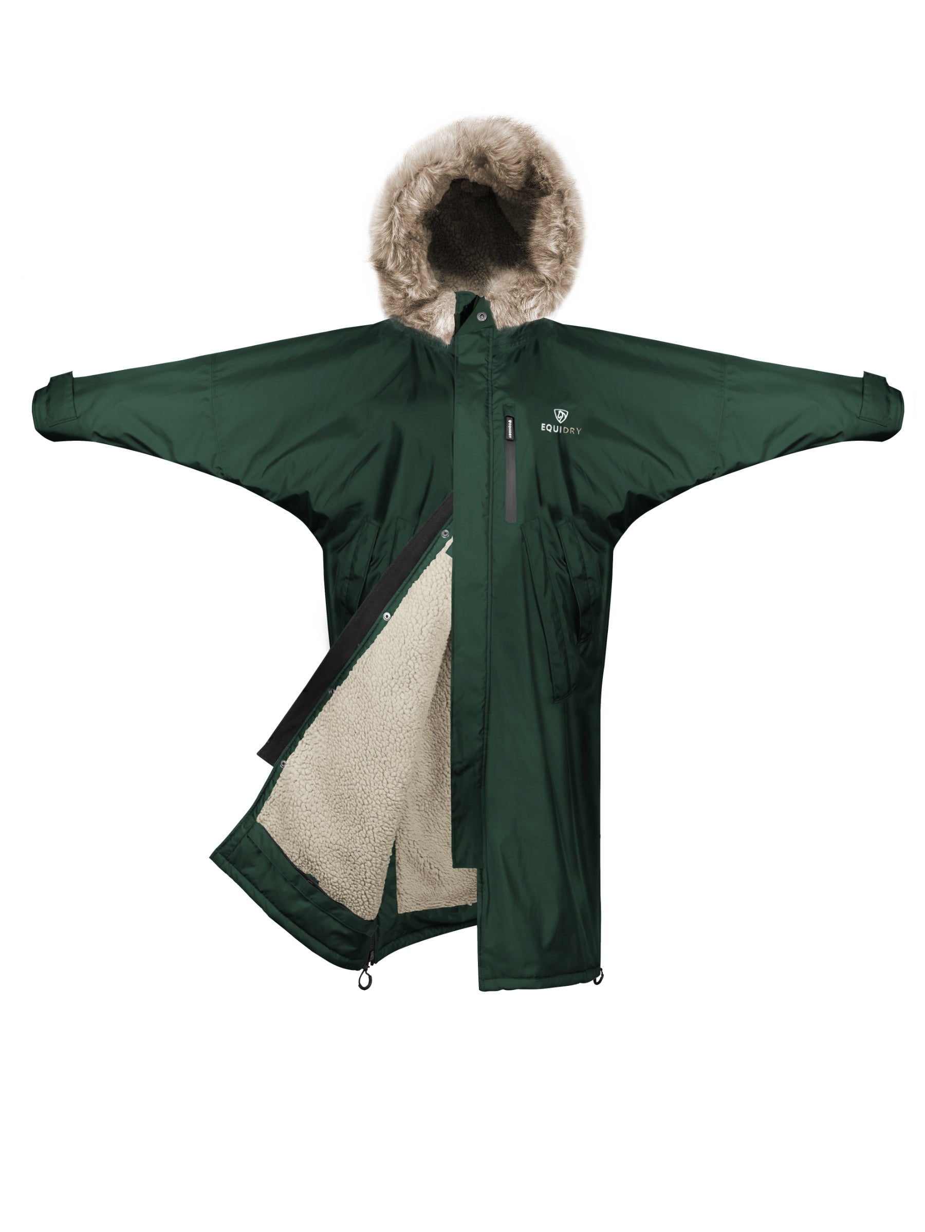 EQUIDRY Evolution Lux Women's Warm Waterproof Winter Horse Riding Coat Thick Fleece Lining with Faux Fur Trim Hood in black forest green