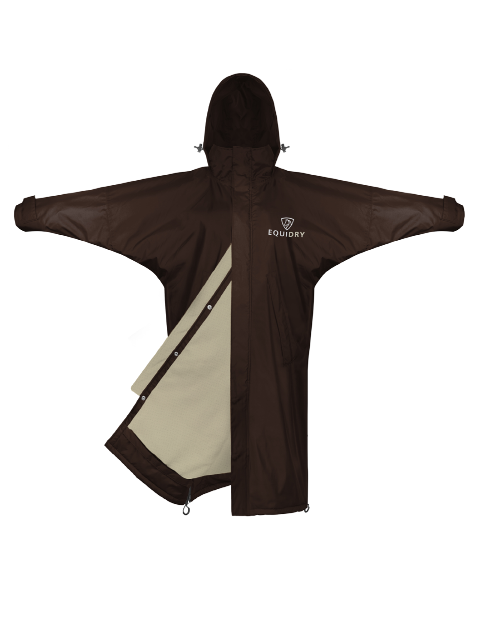EQUIDRY women's mesh lining long waterproof horse riding coat in rich brown/cream