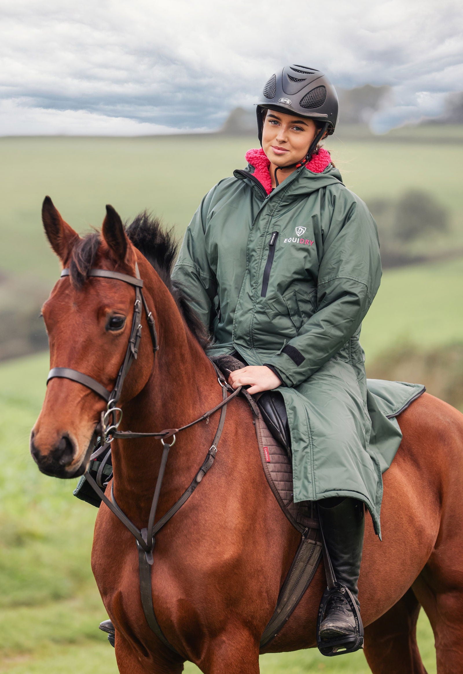 Evolution Children's | Thick Fleece | Fixed Hood  | Black Forest Green/Peacock pink - EQUIDRY