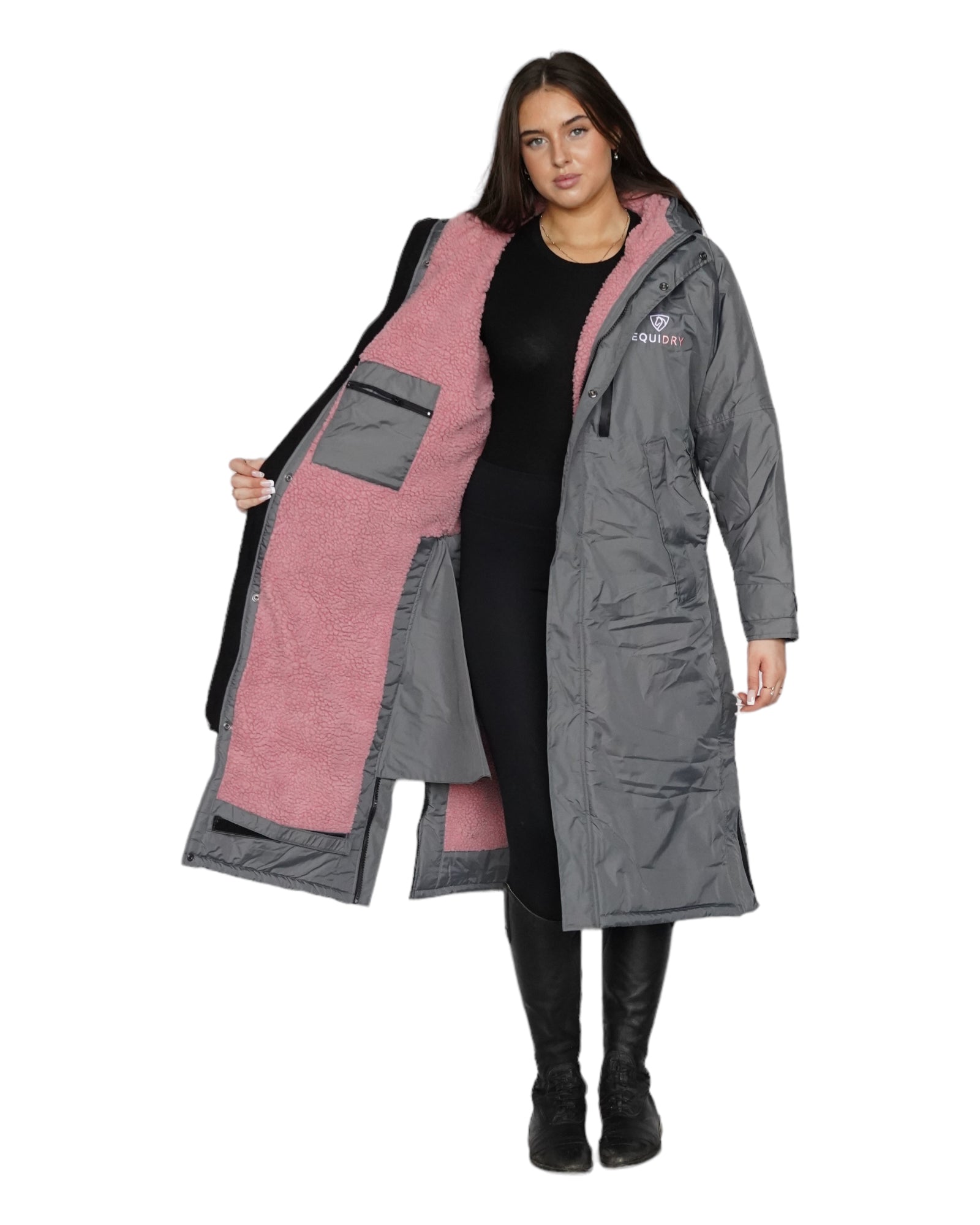EQUIDRY women's long waterproof horse riding coat in charcoal/pale pink studio open showing lining 