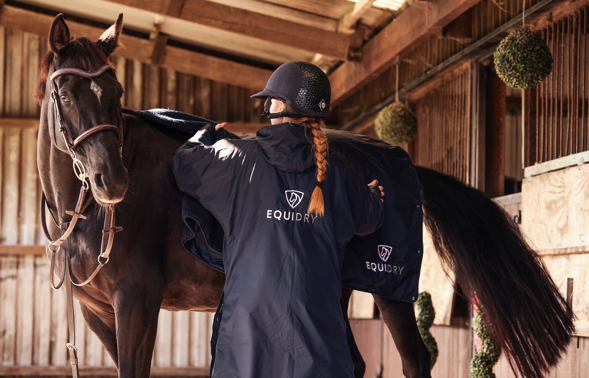 EQUIDRY women's long waterproof horse riding coat in Dark Navy/Navy showing horse with matching equiblanket