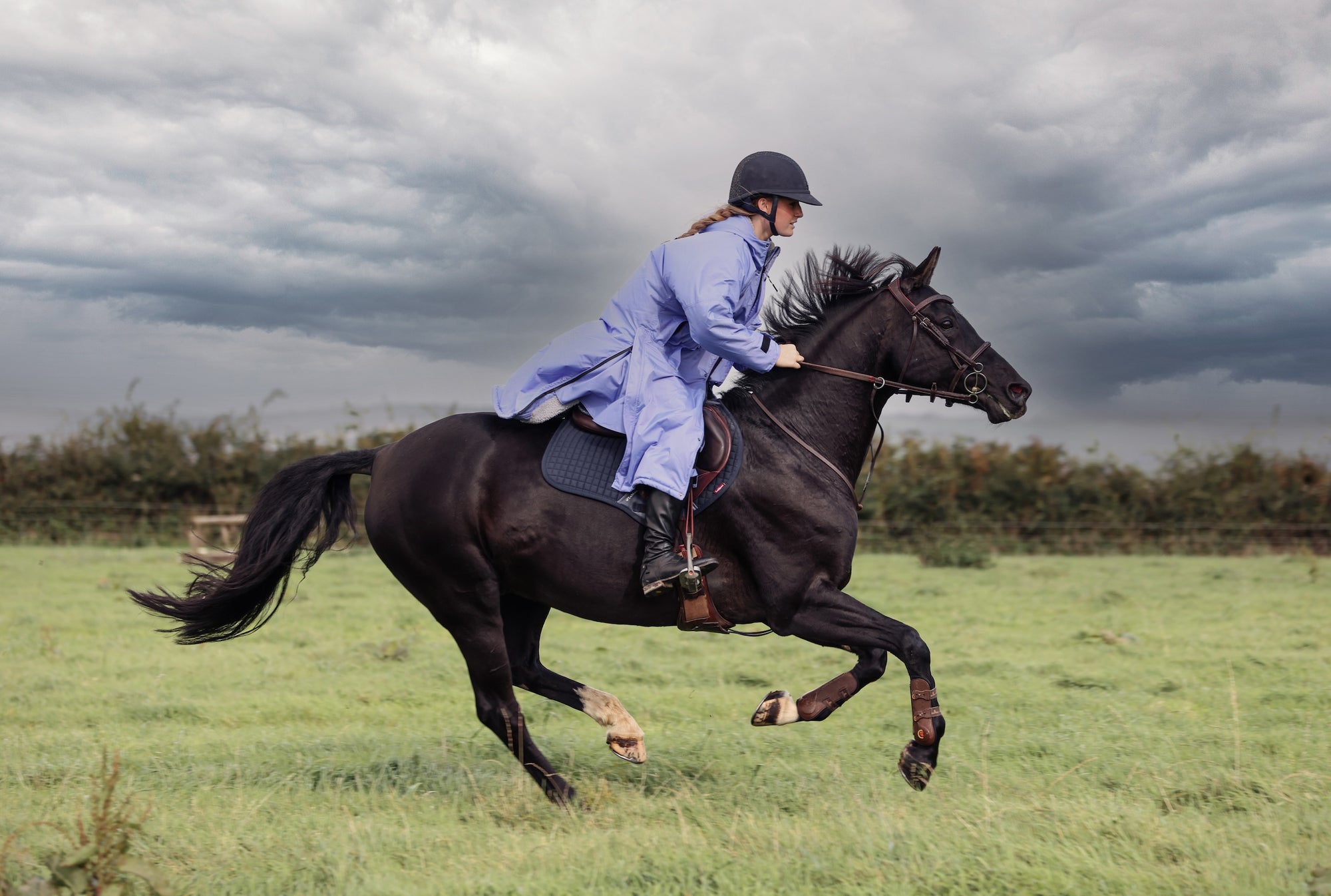 EQUIDRY women's long waterproof horse riding coat in blue lilac/grey showing rider galloping on horse