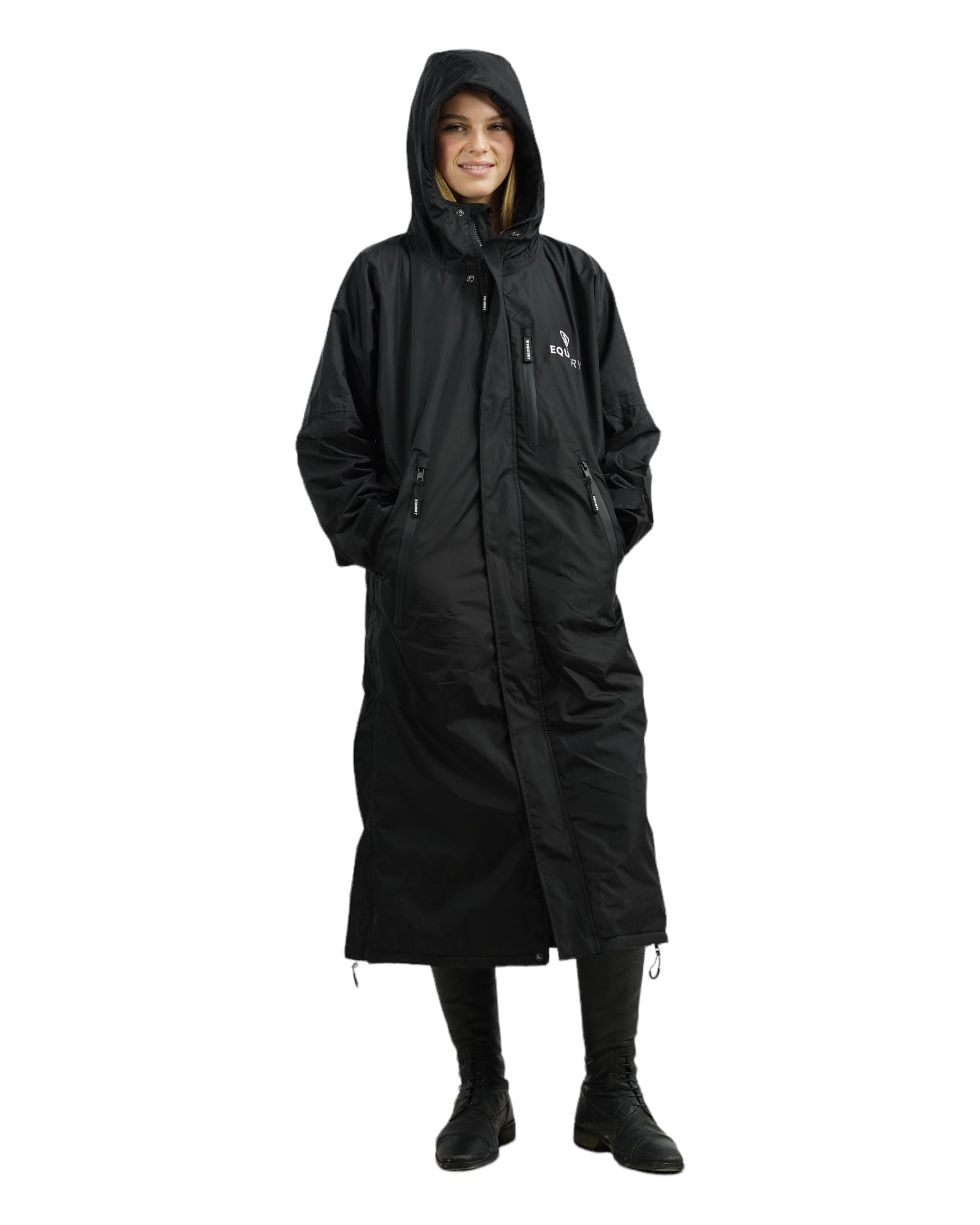 EQUIDRY women's thin fleece long waterproof horse riding coat in black/black hood up front view studio