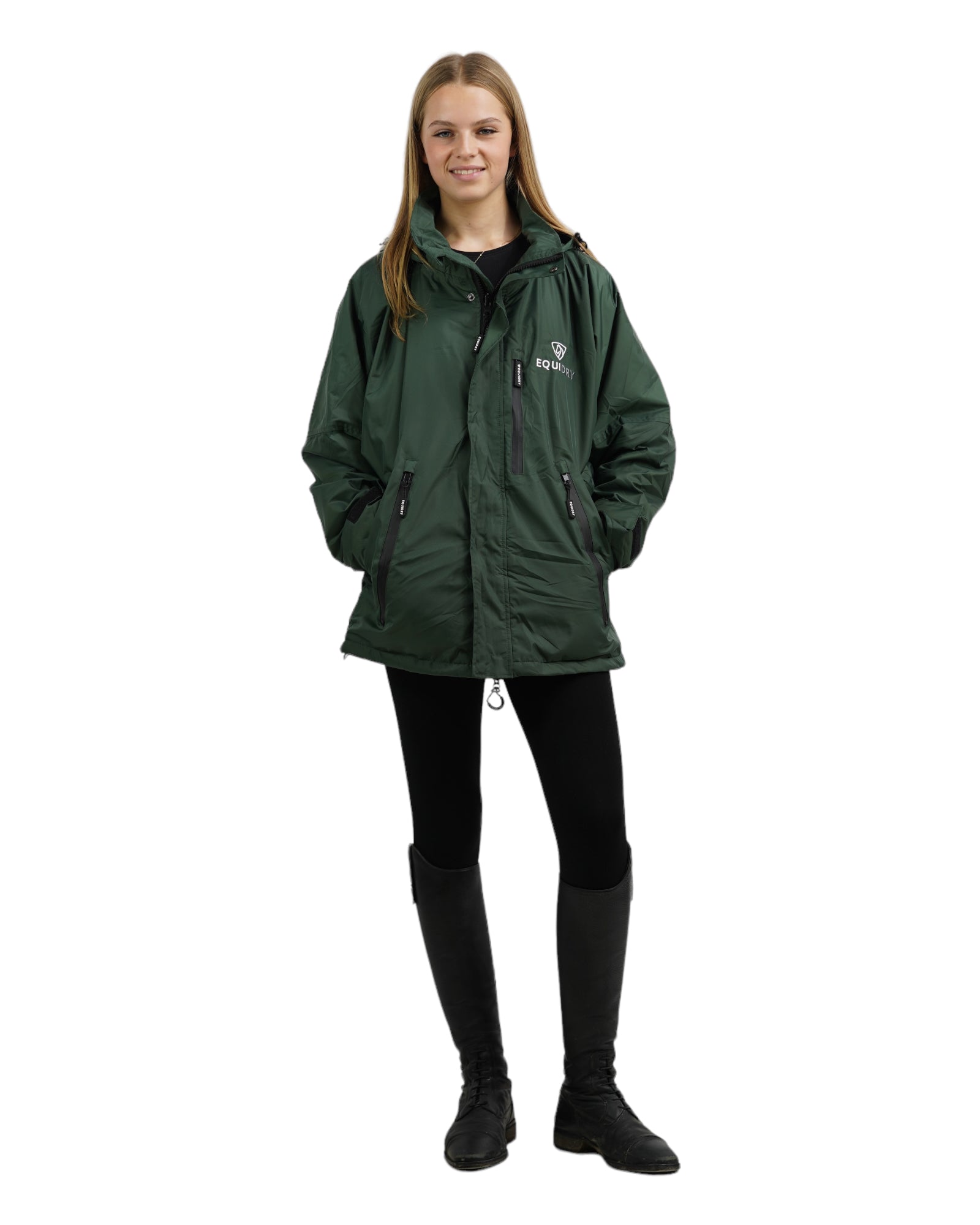 EQUIDRY women's waterproof short blouson style horse riding jacket in black forest green studio relaxed fit 