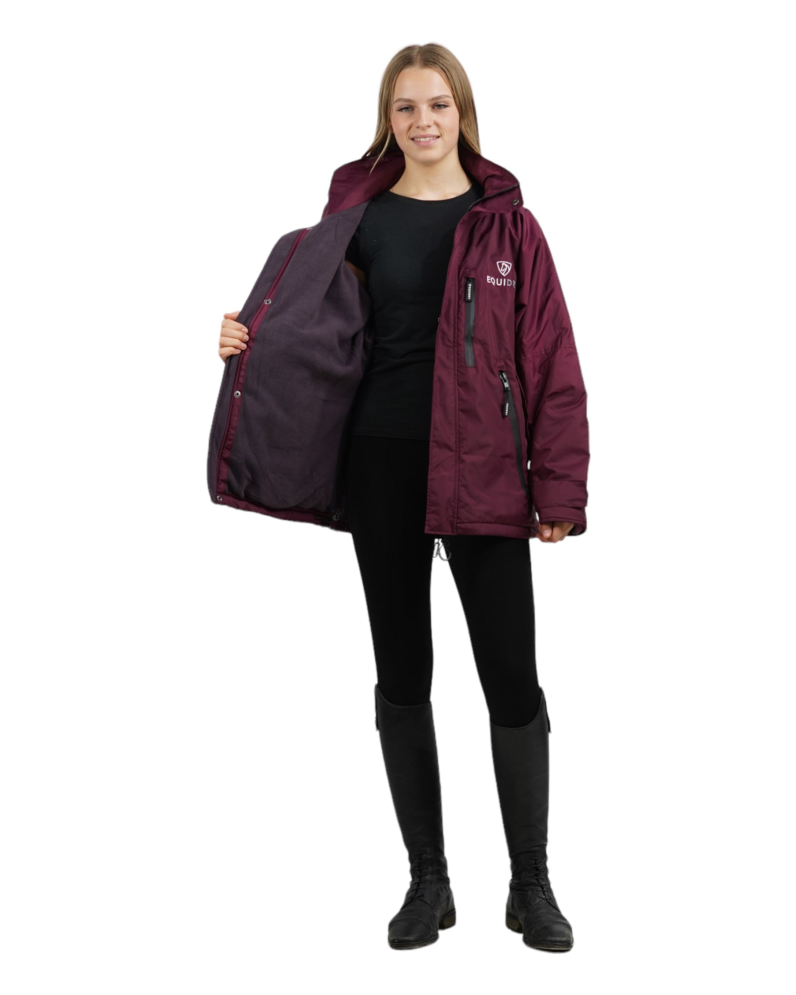 EQUIDRY women's waterproof short blouson style horse riding jacket in plum/plum front view 