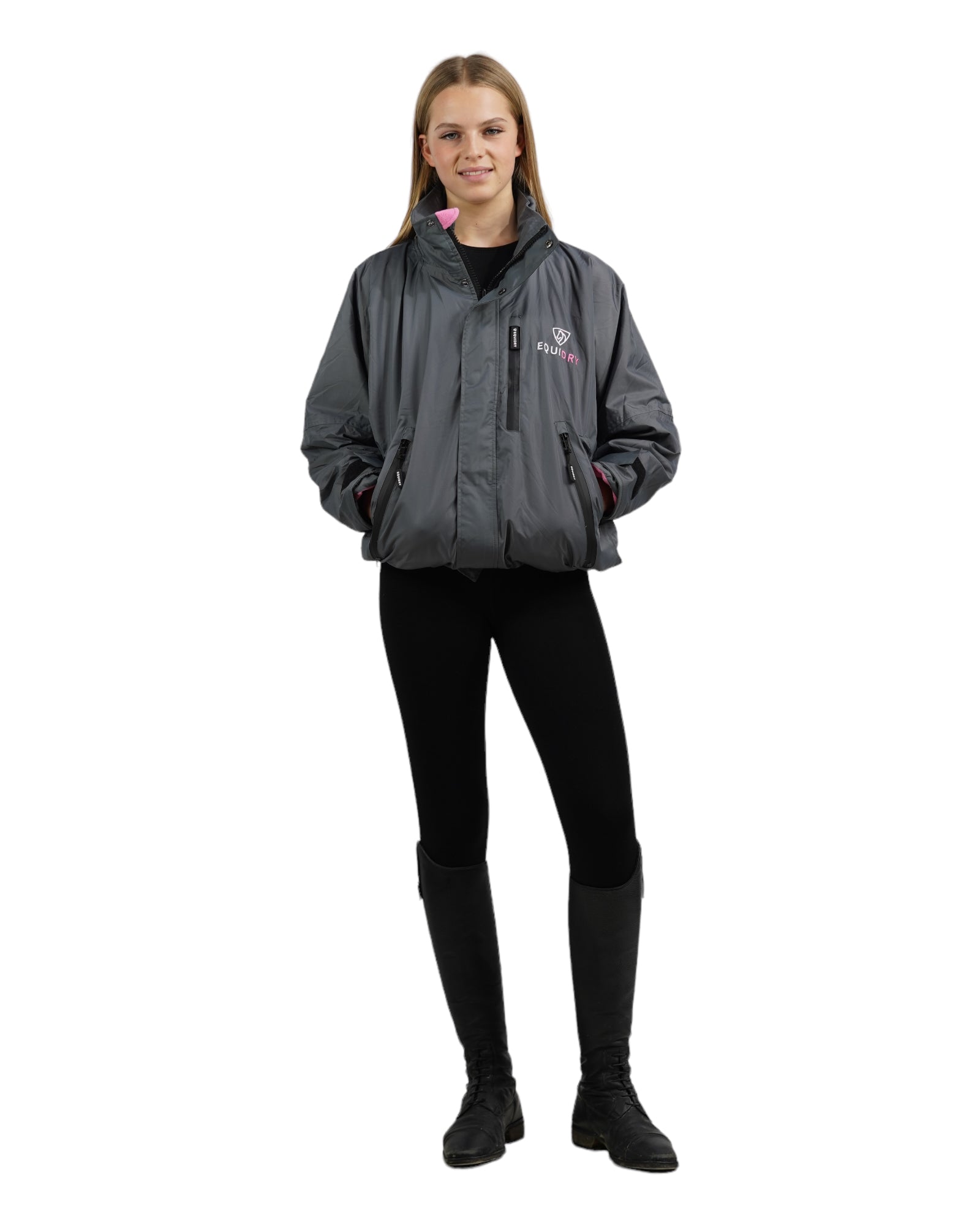 EQUIDRY women's waterproof short blouson style horse riding jacket in charcoal/penelope pink studio shot front view 